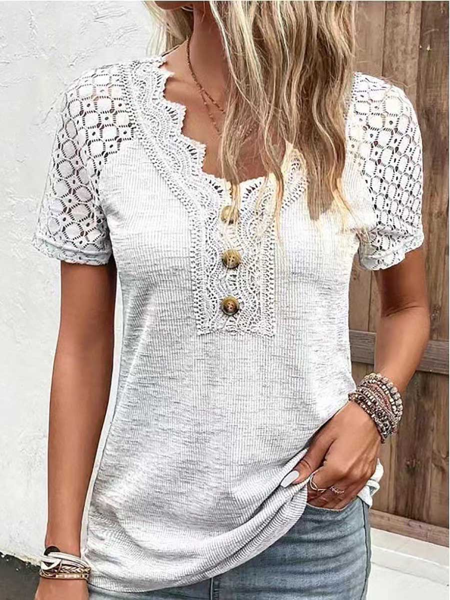 Bellevoga Comfortable Casual Lace Splicing V-Neck Pullover Top Women's T-Shirt