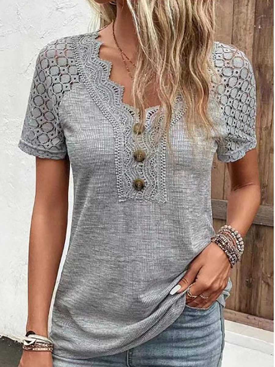 Bellevoga Comfortable Casual Lace Splicing V-Neck Pullover Top Women's T-Shirt