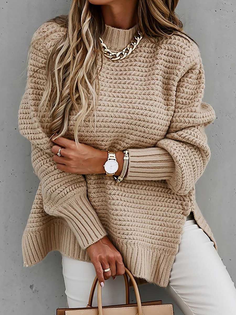 Bellevoga Half Turtleneck Solid Color Corset Side Split Knit Sweater