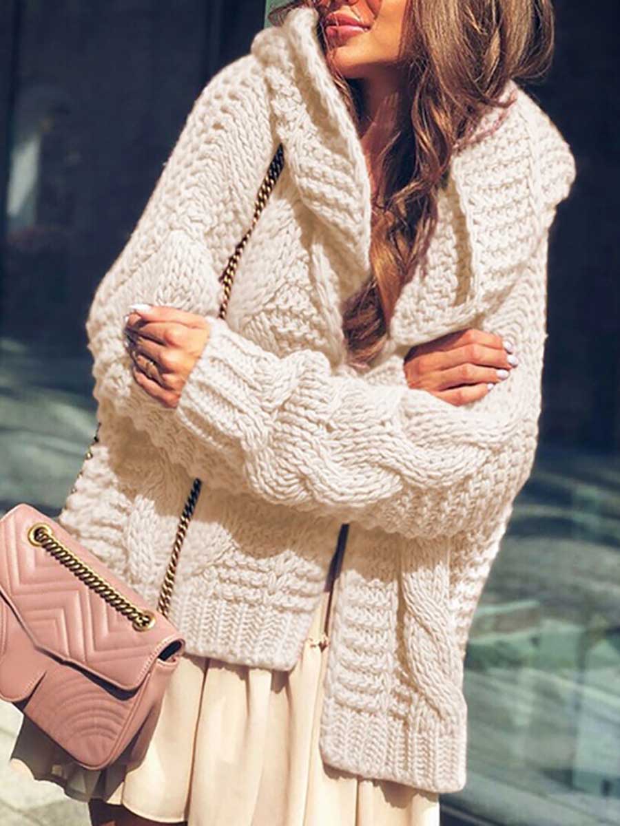 Bellevoga Twist Hat Cardigan Solid Color Chunky Knit Sweater