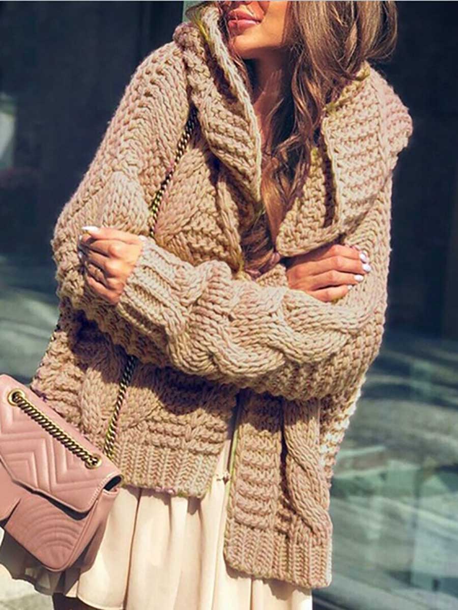 Bellevoga Twist Hat Cardigan Solid Color Chunky Knit Sweater