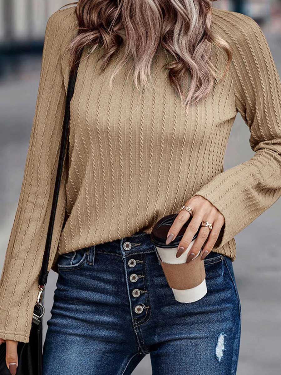 Bellevoga Solid Color Knit Slim Long Sleeve Top