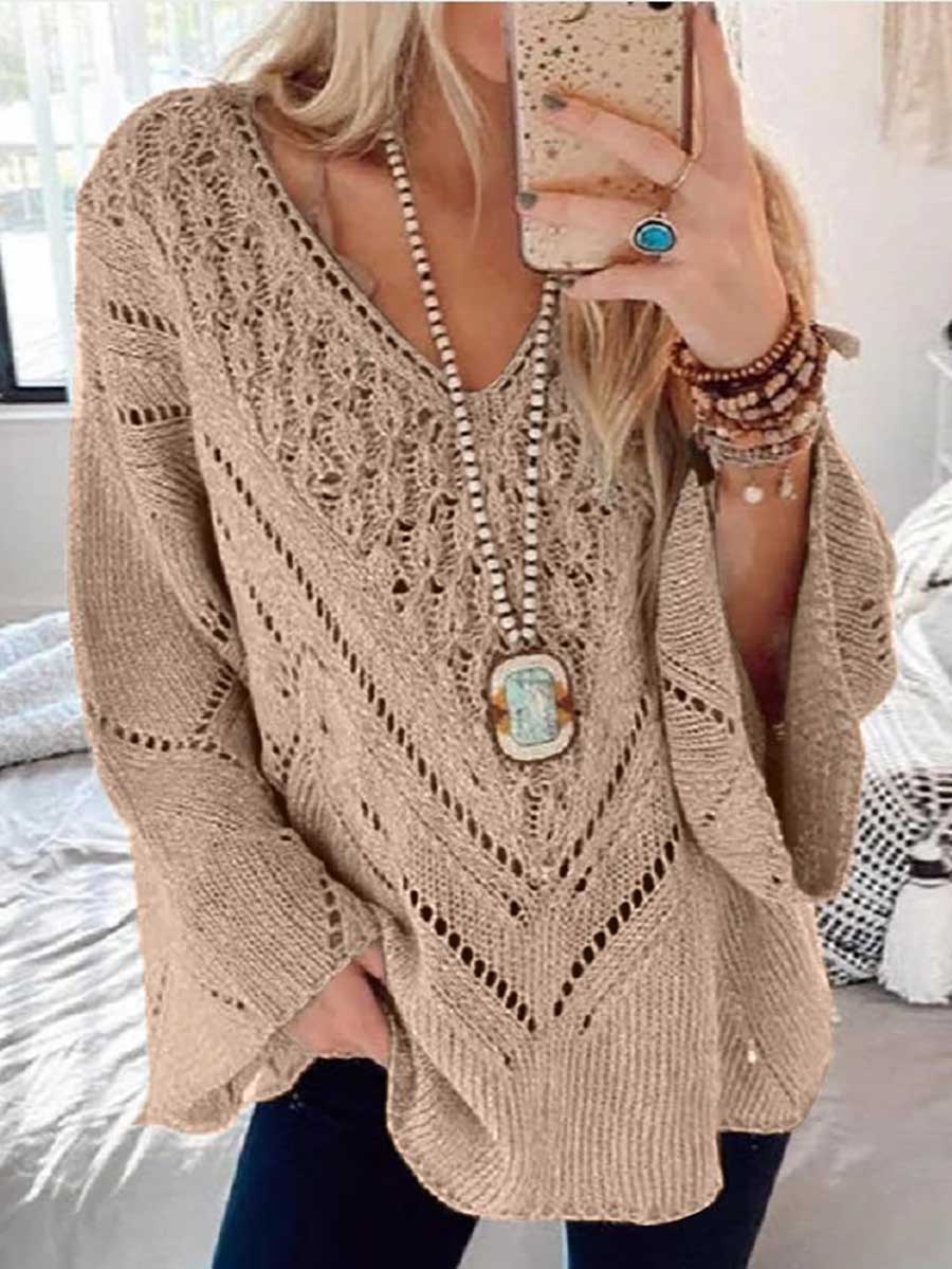 Bellevoga Cutout V-Neck Flared Sleeve Sweater