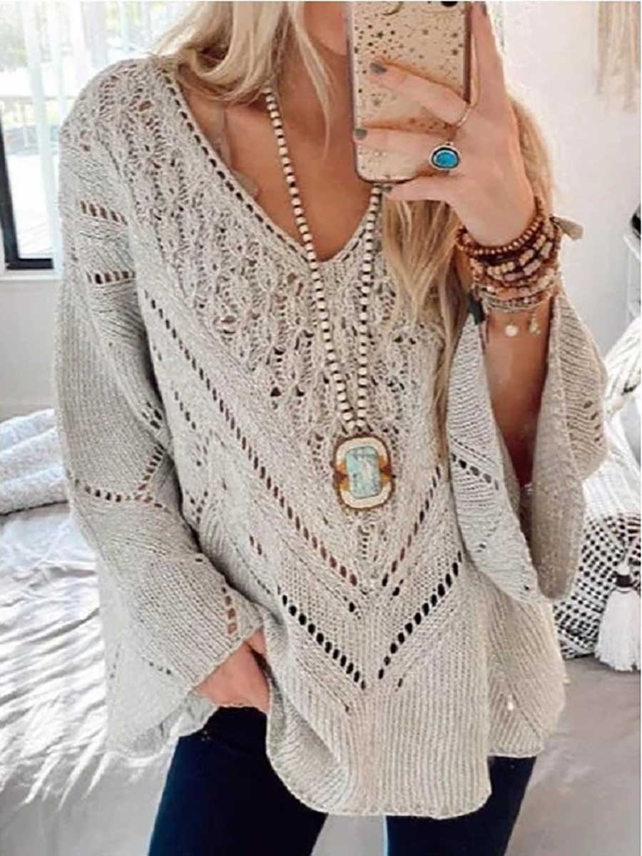 Bellevoga Cutout V-Neck Flared Sleeve Sweater