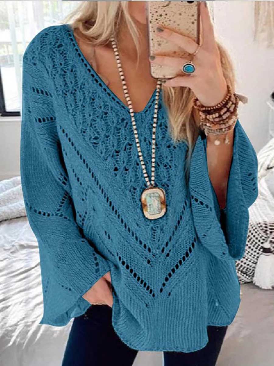 Bellevoga Cutout V-Neck Flared Sleeve Sweater