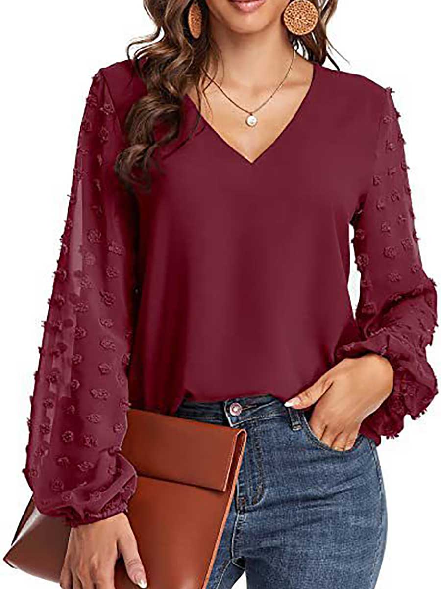 Bellevoga V-Neck Chiffon Long Sleeve Top