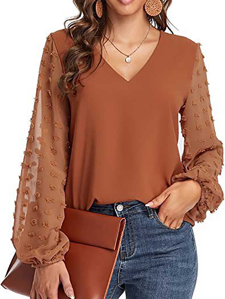 Bellevoga V-Neck Chiffon Long Sleeve Top