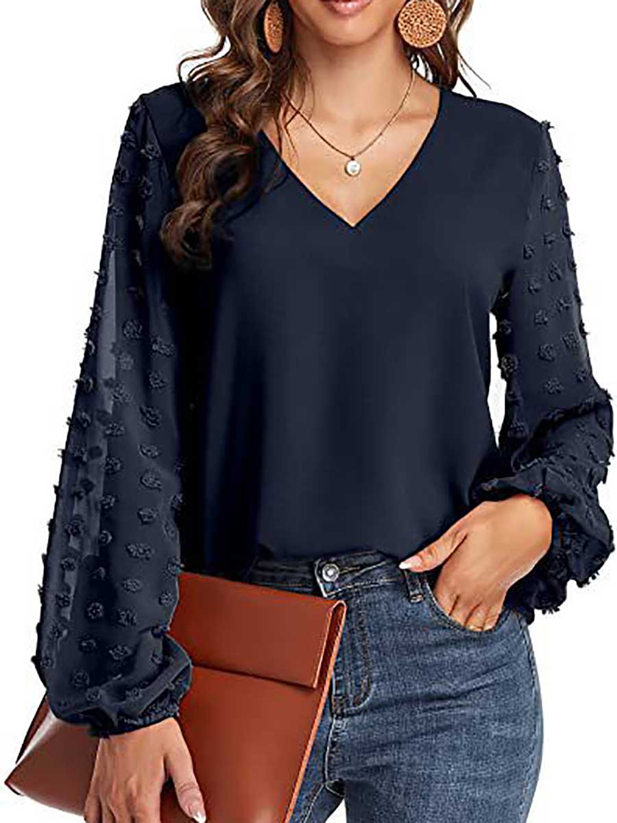 Bellevoga V-Neck Chiffon Long Sleeve Top