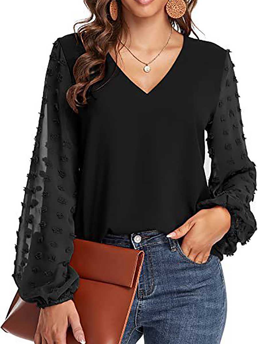 Bellevoga V-Neck Chiffon Long Sleeve Top