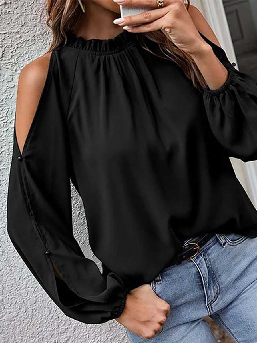 Bellevoga Round neck off-shoulder chiffon shirt