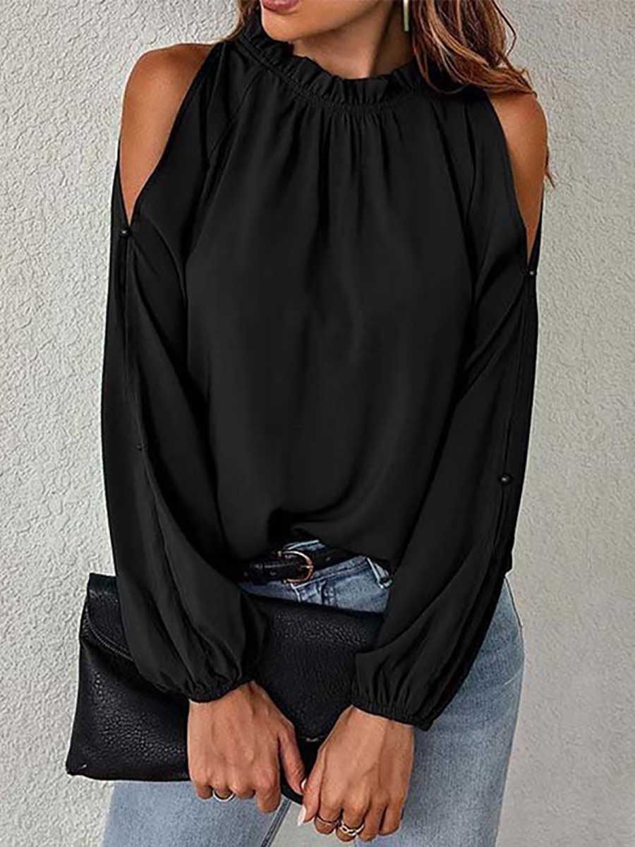 Bellevoga Round neck off-shoulder chiffon shirt