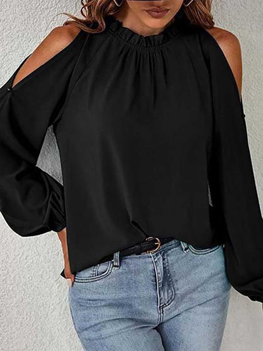 Bellevoga Round neck off-shoulder chiffon shirt