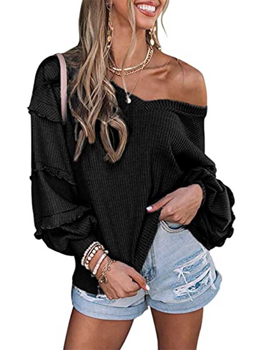 Bellevoga Waffle V-Neck Ruffle Lantern Sleeve Top