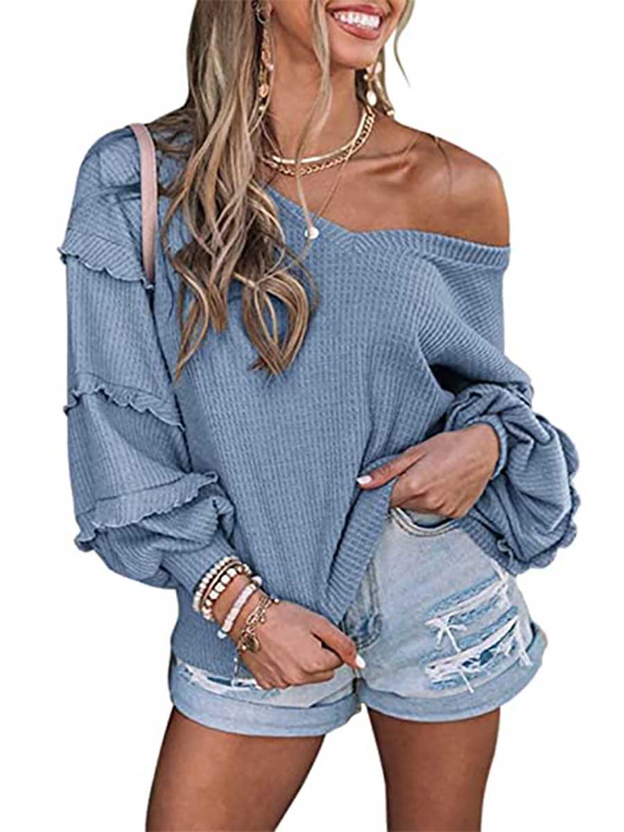 Bellevoga Waffle V-Neck Ruffle Lantern Sleeve Top