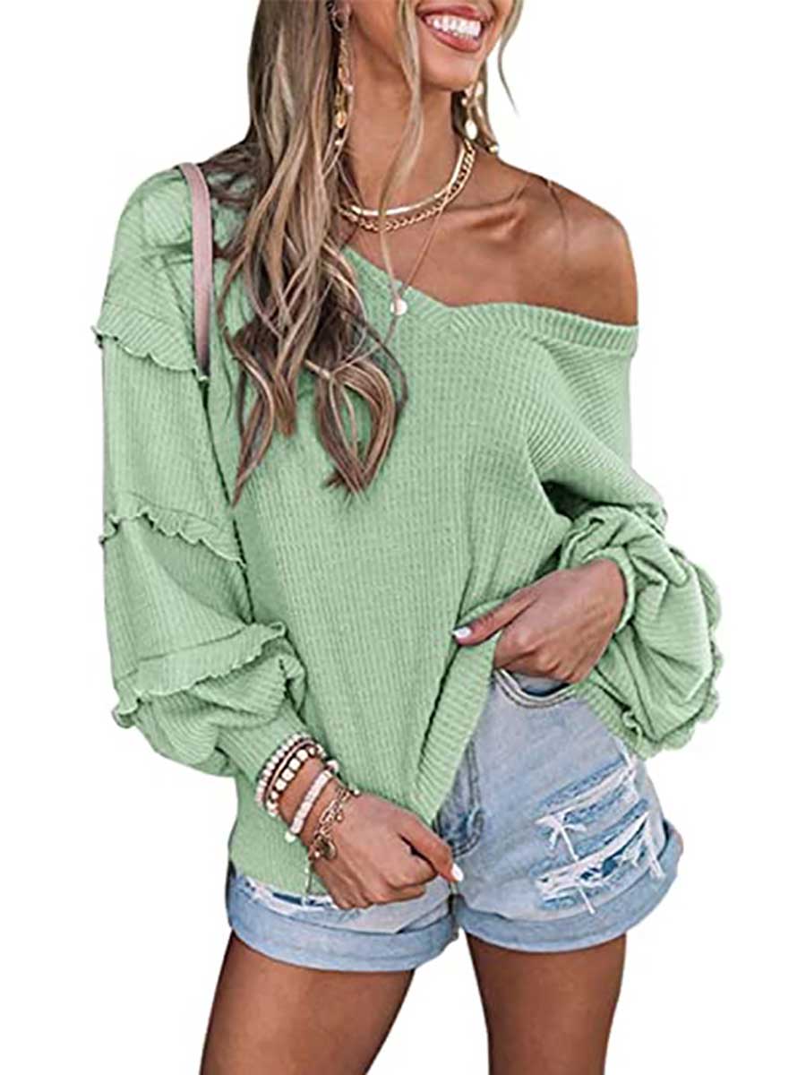 Bellevoga Waffle V-Neck Ruffle Lantern Sleeve Top