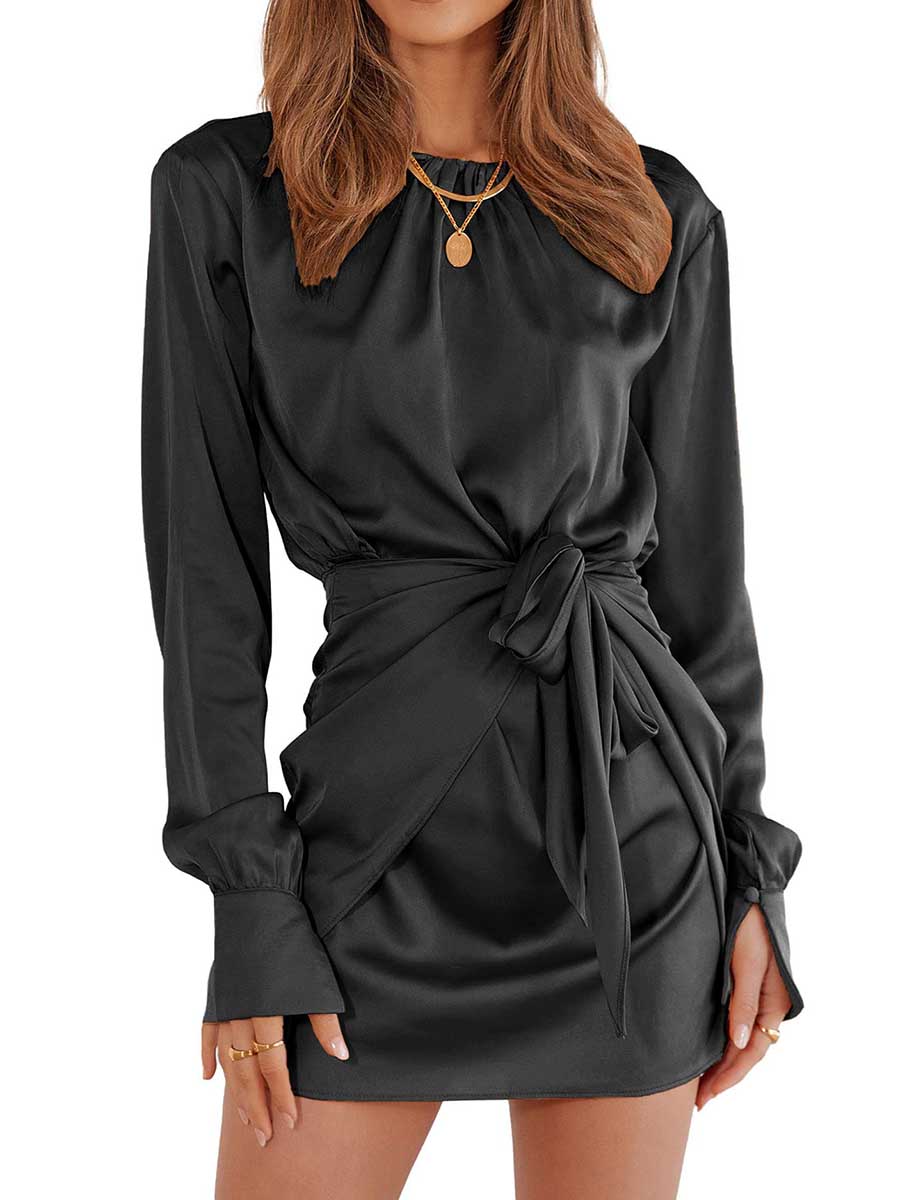 Bellevoga Long Sleeve Round Neck Tie Dress