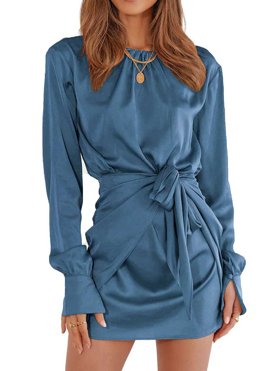 Bellevoga Long Sleeve Round Neck Tie Dress