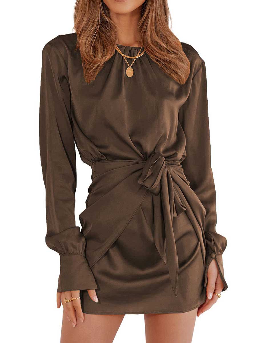 Bellevoga Long Sleeve Round Neck Tie Dress