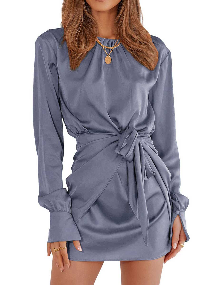 Bellevoga Long Sleeve Round Neck Tie Dress