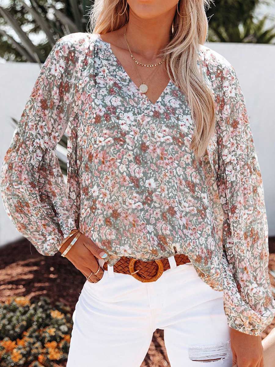 Bellevoga V-neck Floral Chiffon Shirt