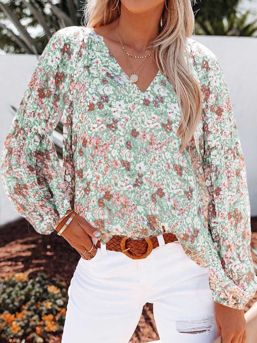 Bellevoga V-neck Floral Chiffon Shirt