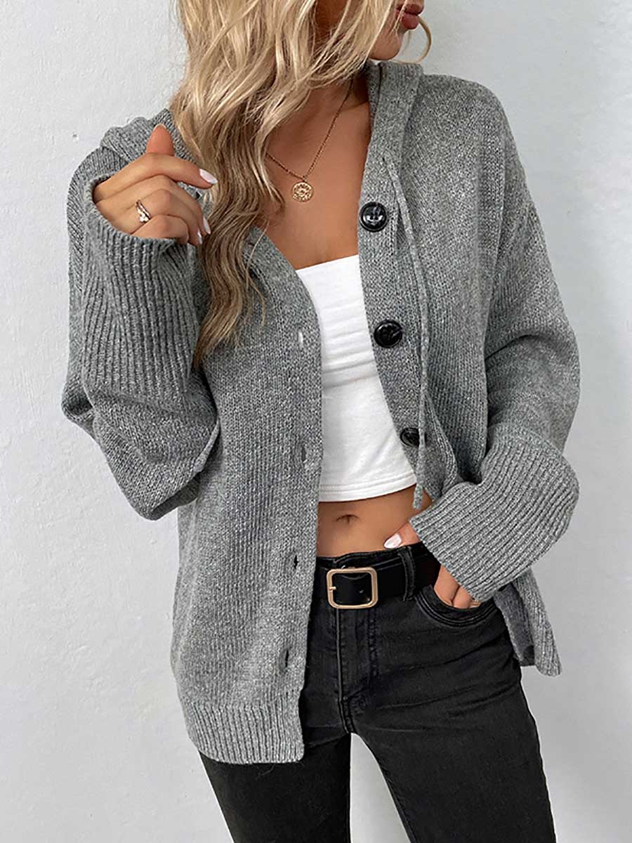 Bellevoga Hooded Drawstring Knit Cardigan Jacket