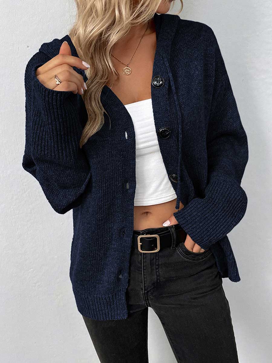 Bellevoga Hooded Drawstring Knit Cardigan Jacket