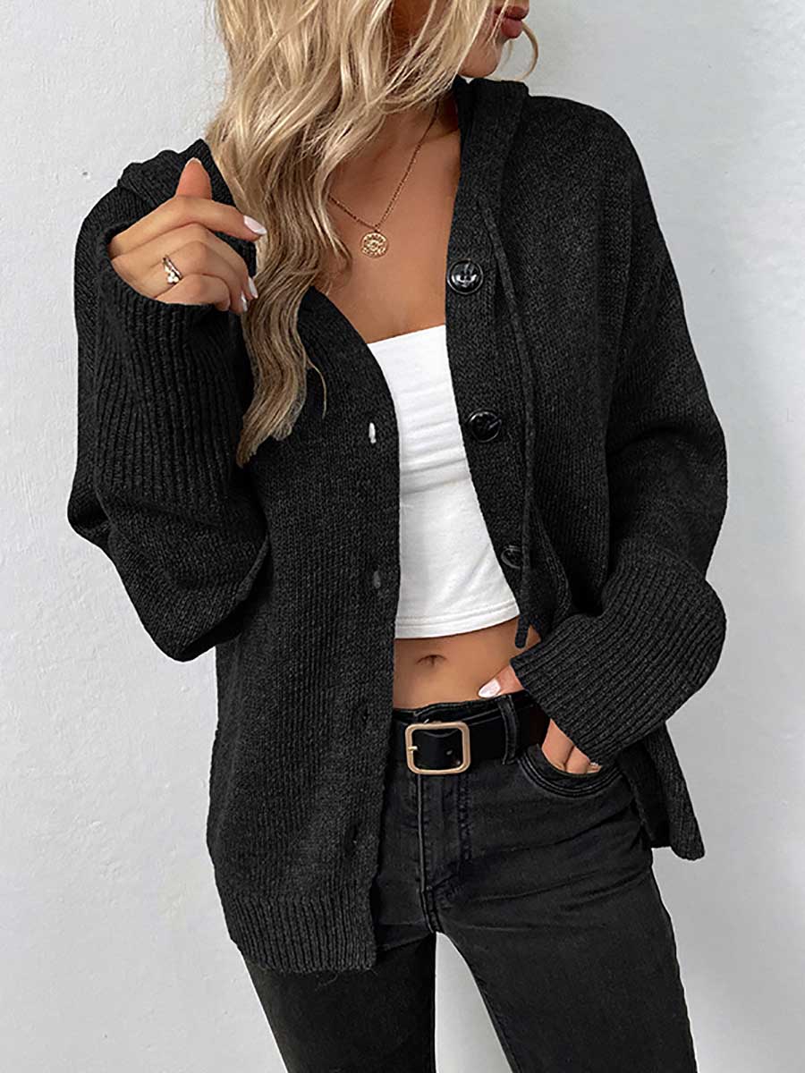 Bellevoga Hooded Drawstring Knit Cardigan Jacket