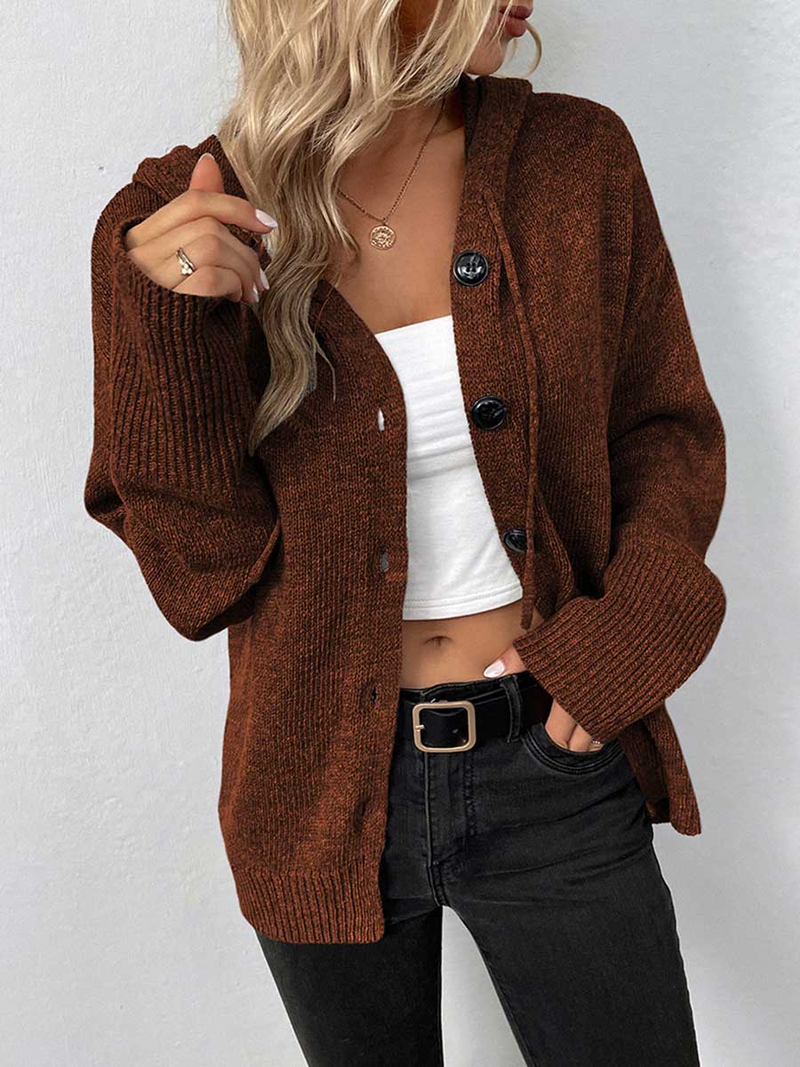 Bellevoga Hooded Drawstring Knit Cardigan Jacket