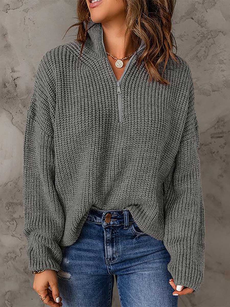 Bellevoga High Neck Zipper Loose Sweater