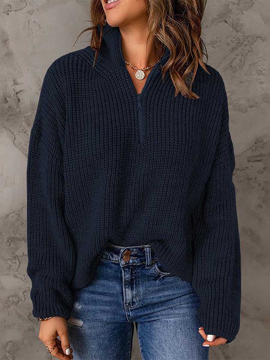 Bellevoga High Neck Zipper Loose Sweater