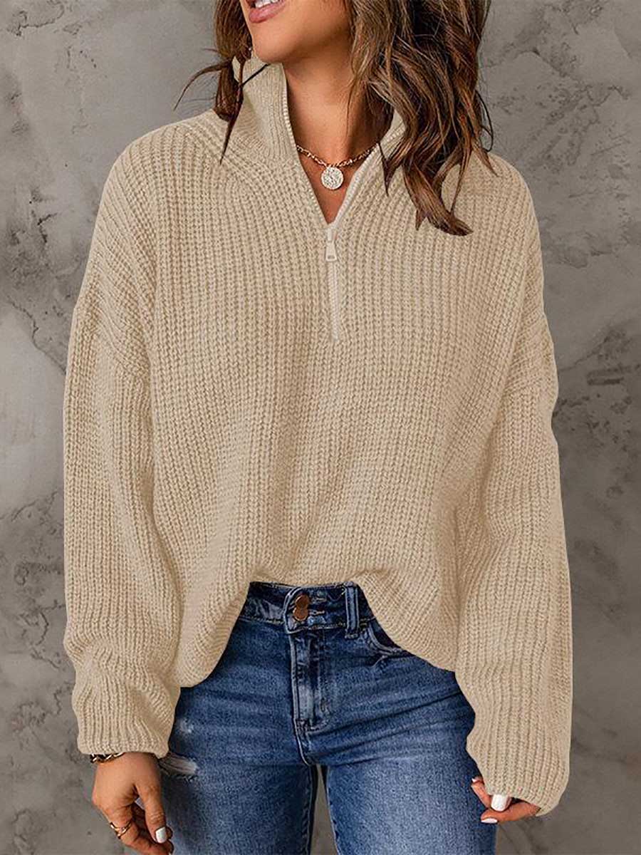 Bellevoga High Neck Zipper Loose Sweater