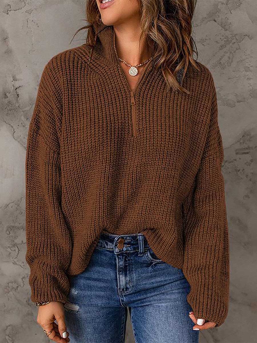 Bellevoga High Neck Zipper Loose Sweater