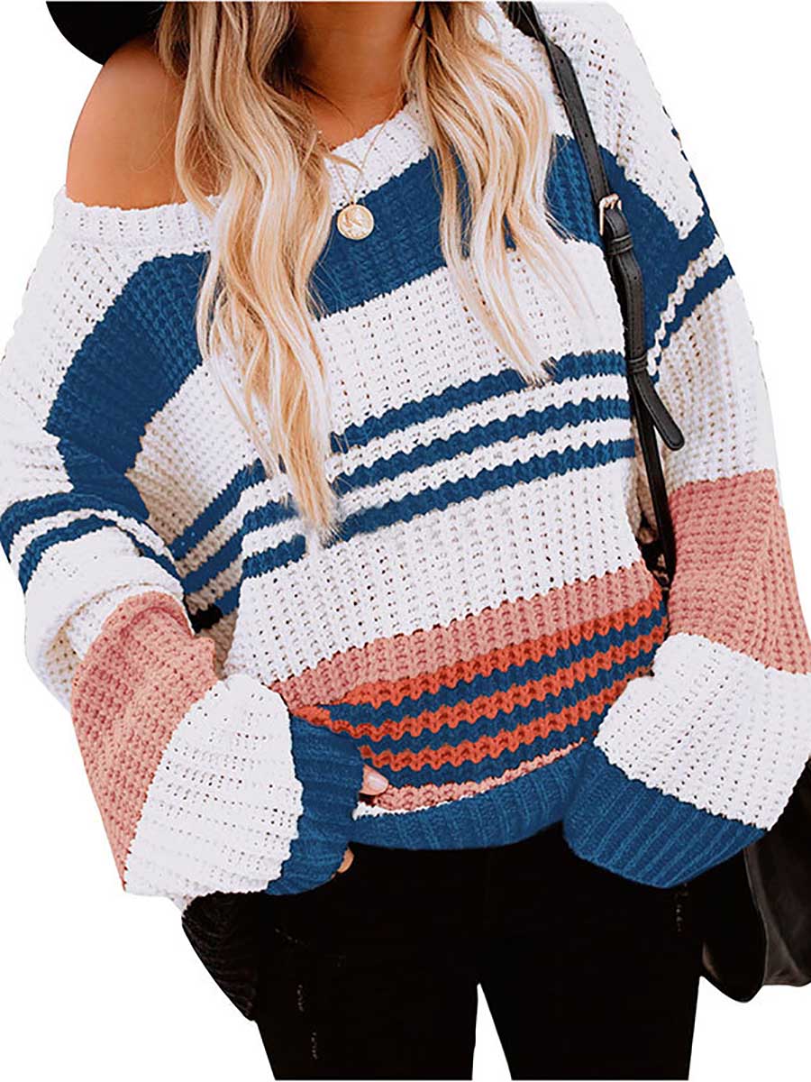 Bellevoga Striped Patchwork Colorblock Crew Neck Sweater