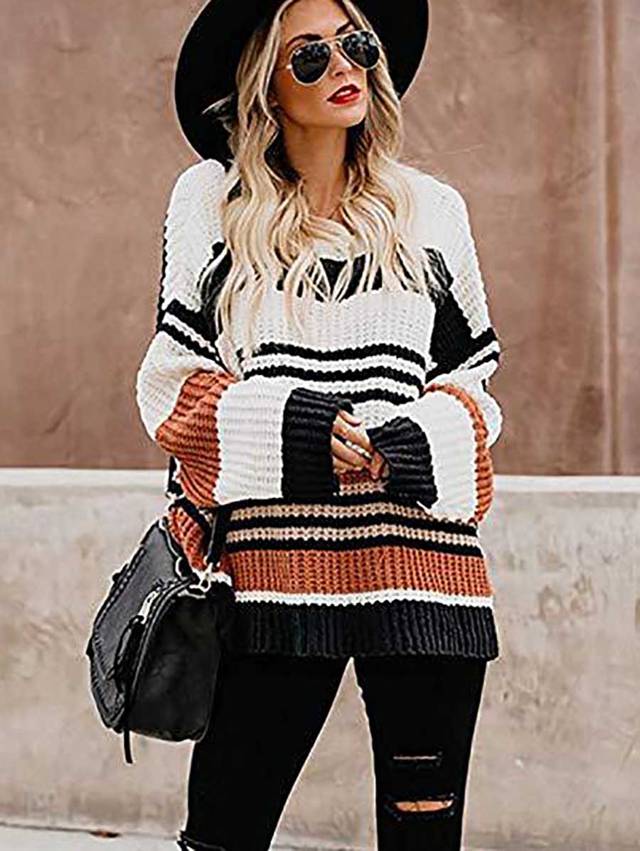 Bellevoga Striped Patchwork Colorblock Crew Neck Sweater