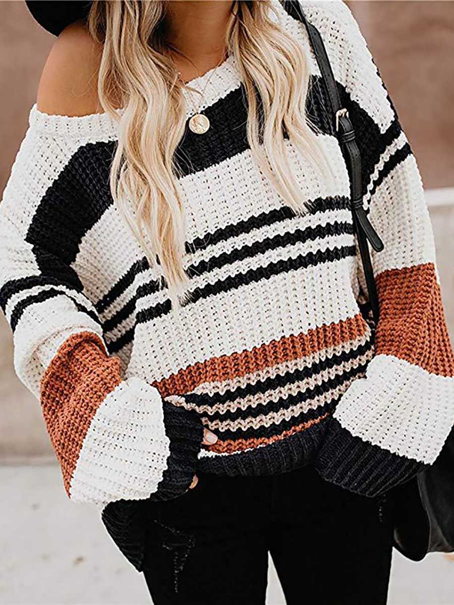 Bellevoga Striped Patchwork Colorblock Crew Neck Sweater