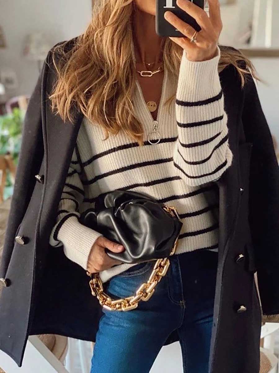 Bellevoga Striped Colorblock Long Sleeve Knit Top