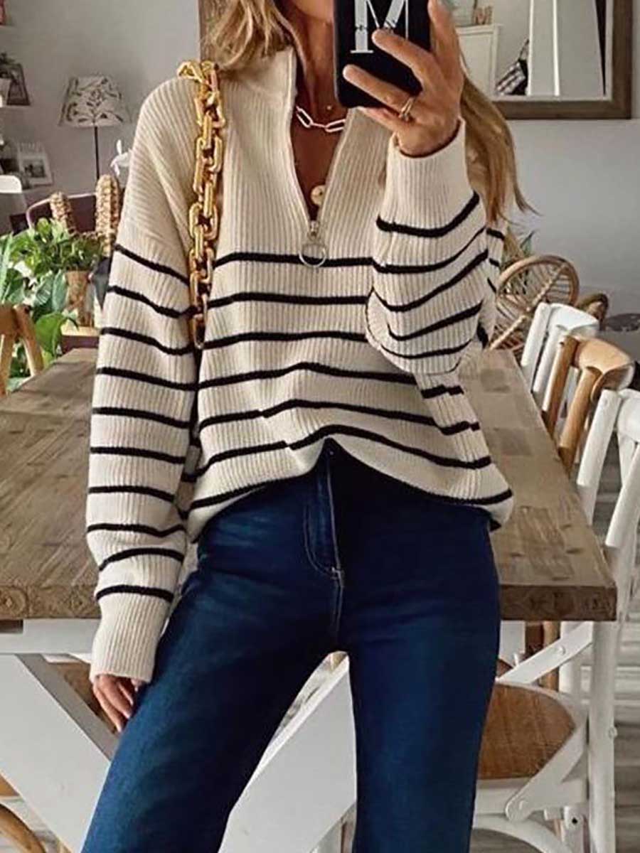 Bellevoga Striped Colorblock Long Sleeve Knit Top