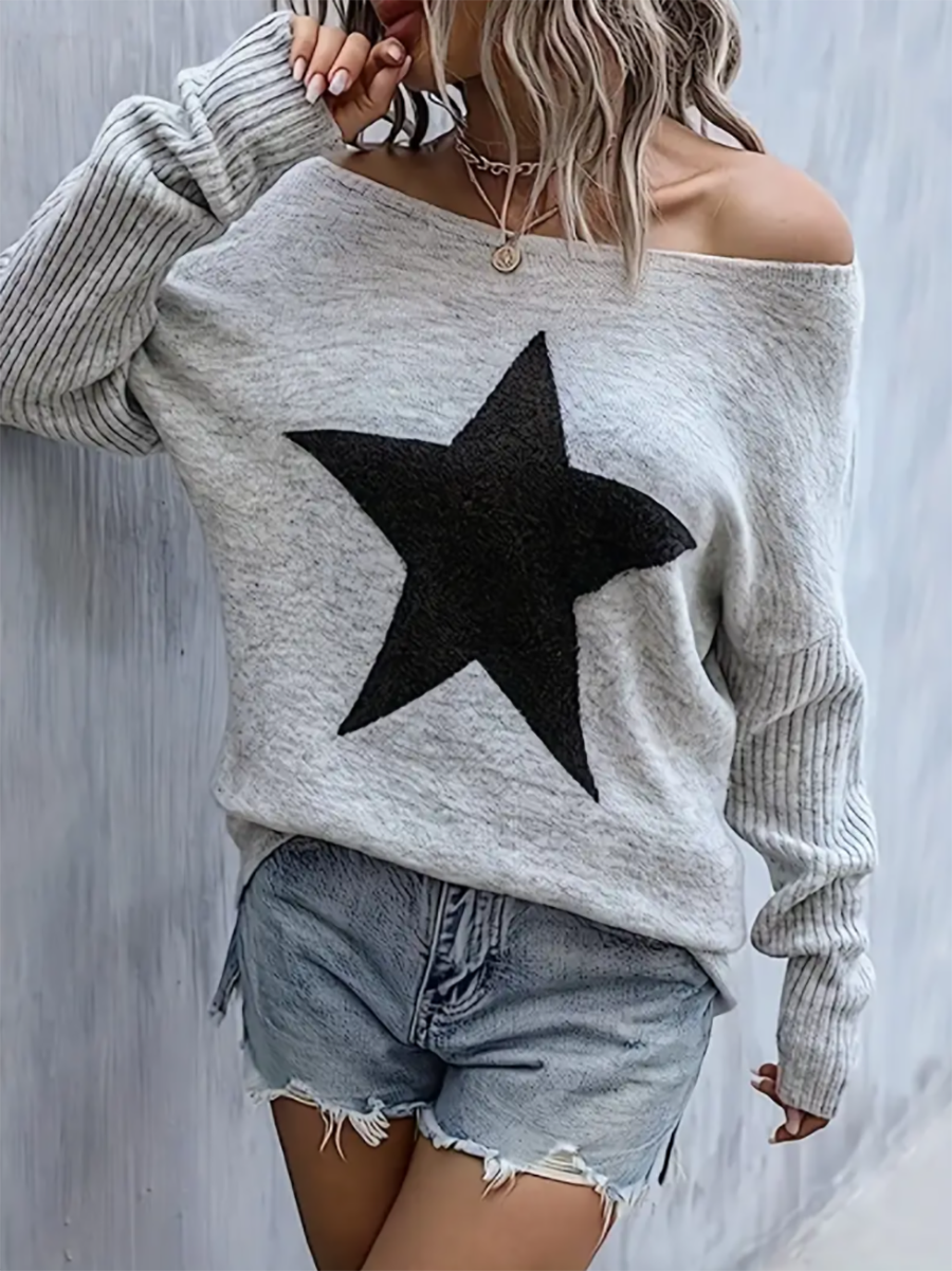 Bellevoga Star Pattern Crew Neck Pullover Sweater