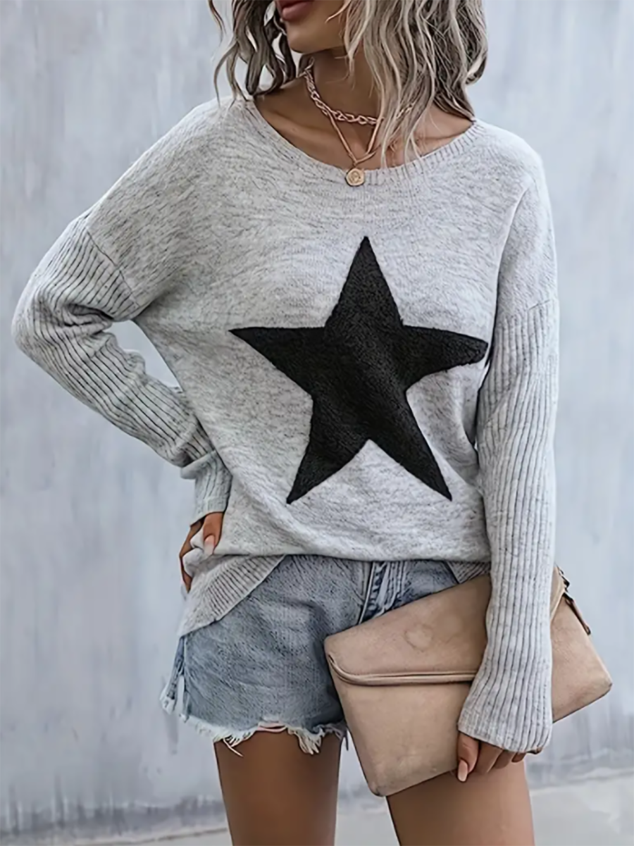 Bellevoga Star Pattern Crew Neck Pullover Sweater