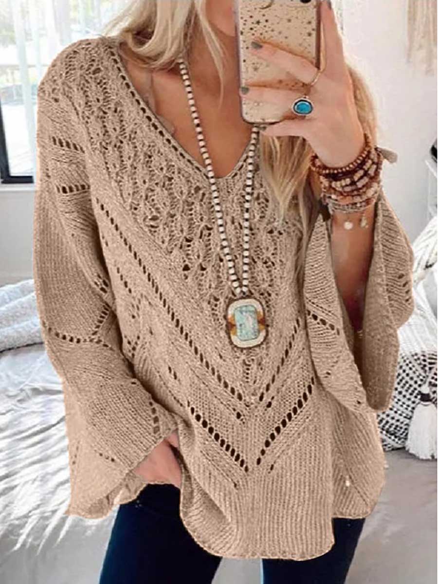 Bellevoga Loose Long Sleeve Cutout V-Neck Sweater