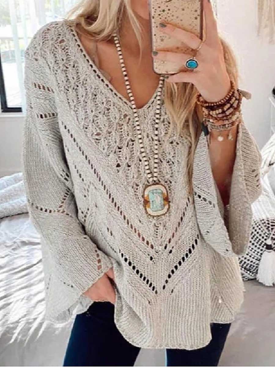 Bellevoga Loose Long Sleeve Cutout V-Neck Sweater