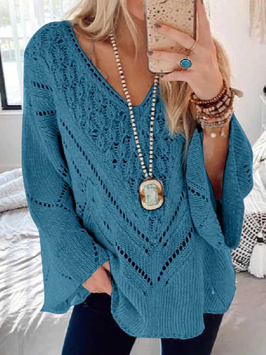 Bellevoga Loose Long Sleeve Cutout V-Neck Sweater