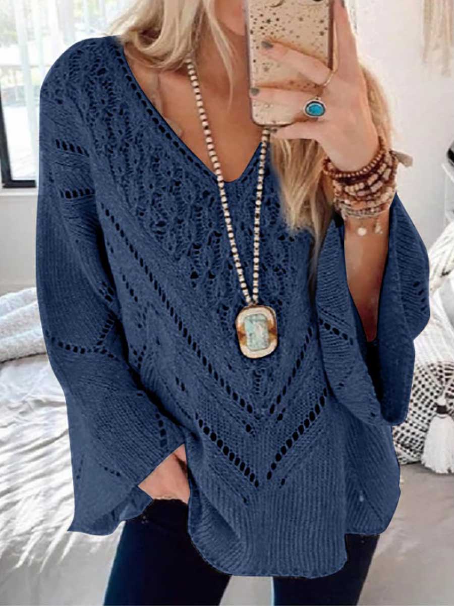 Bellevoga Loose Long Sleeve Cutout V-Neck Sweater