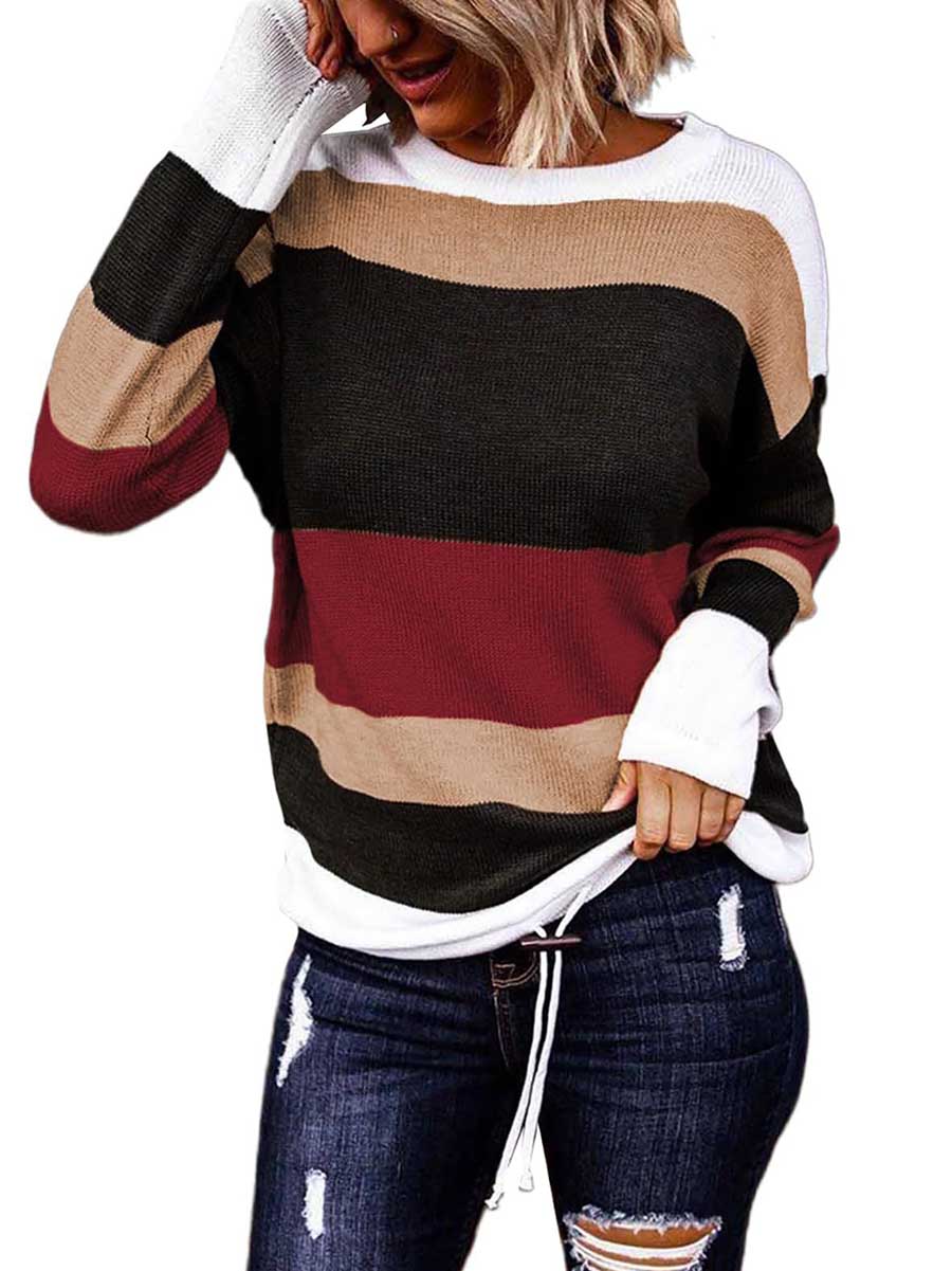 Bellevoga Drawstring Sweater Crew Neck Striped Pullover