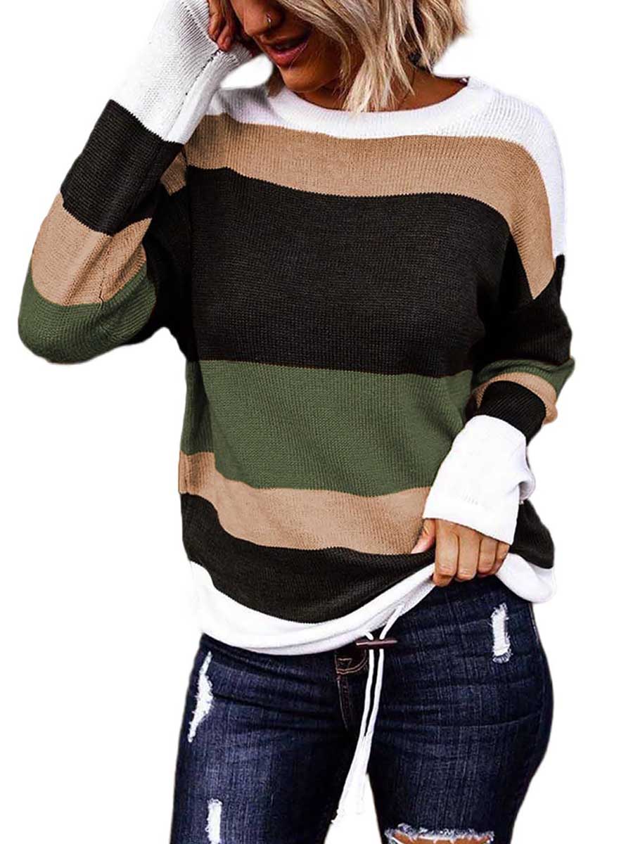 Bellevoga Drawstring Sweater Crew Neck Striped Pullover