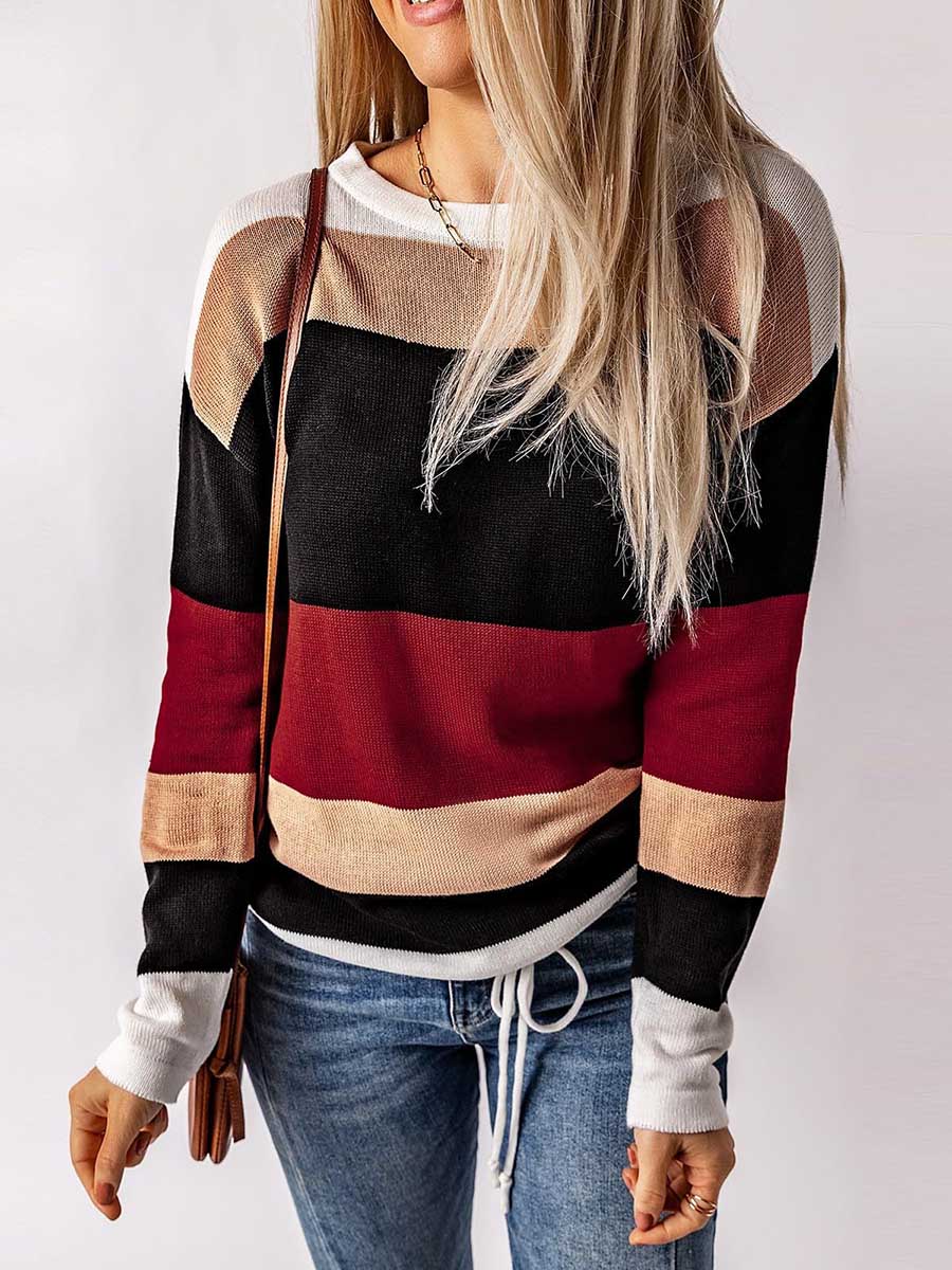 Bellevoga Drawstring Sweater Crew Neck Striped Pullover