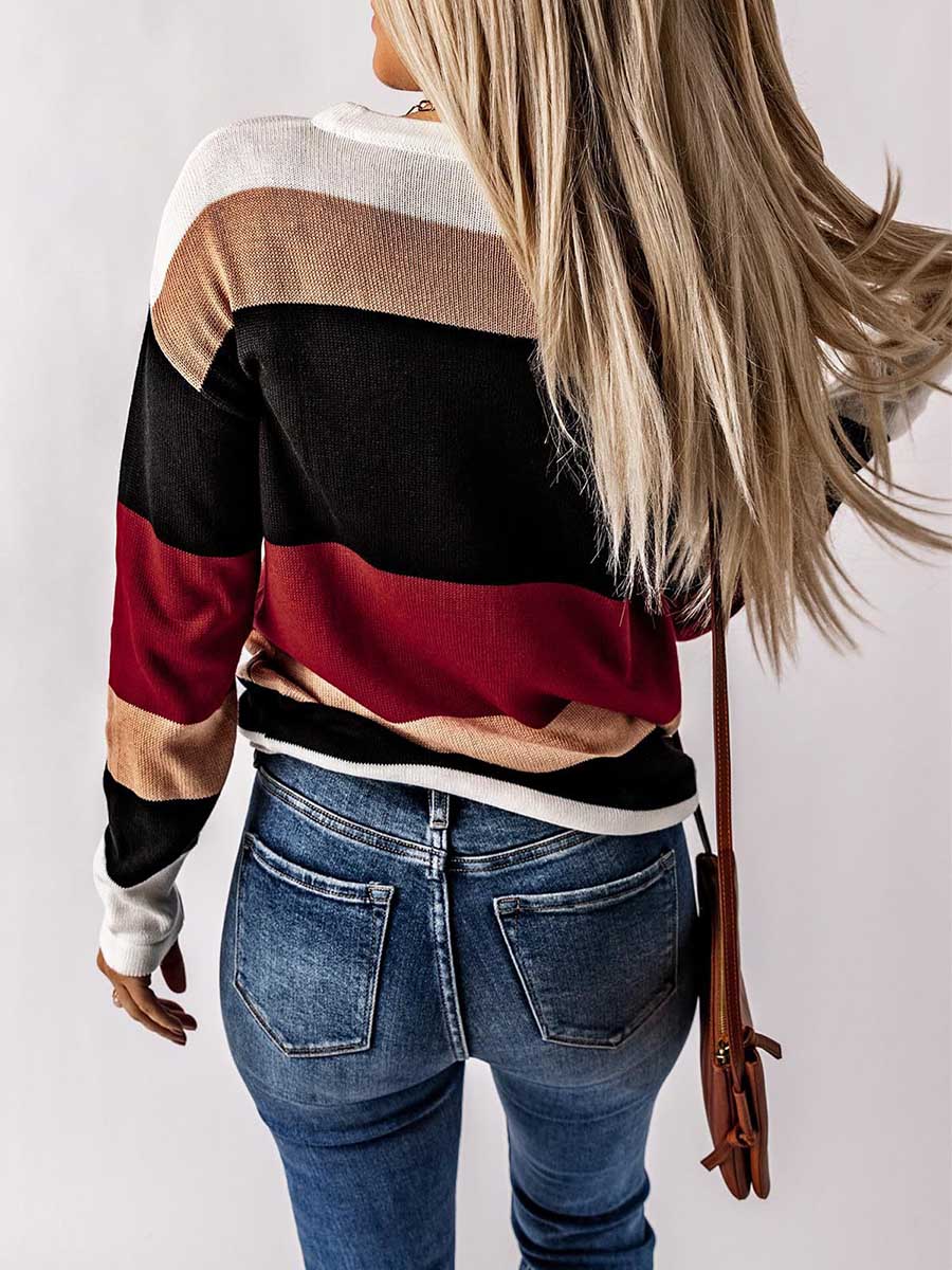 Bellevoga Drawstring Sweater Crew Neck Striped Pullover