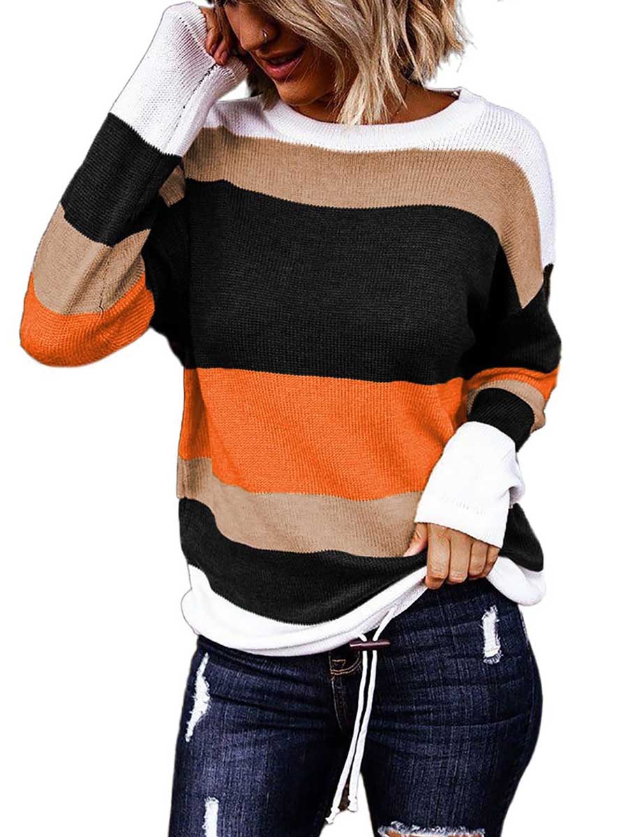 Bellevoga Drawstring Sweater Crew Neck Striped Pullover