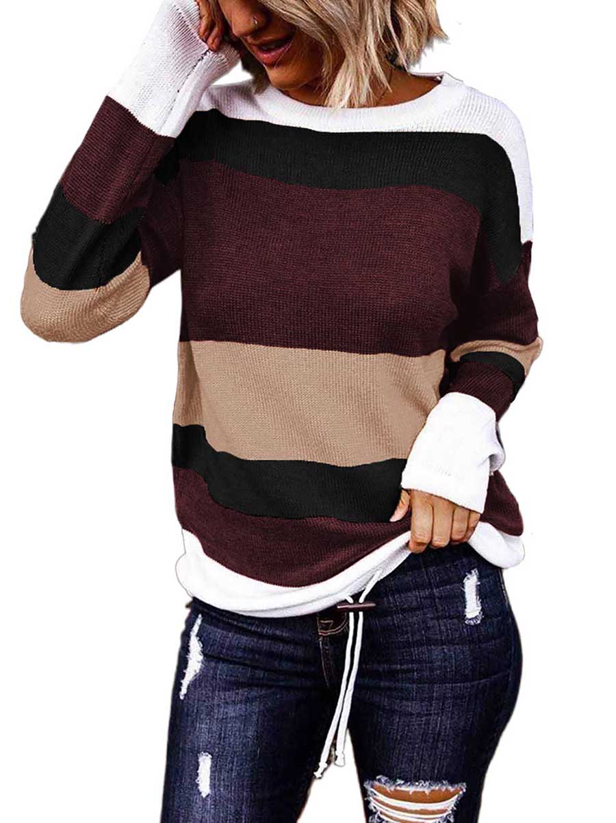 Bellevoga Drawstring Sweater Crew Neck Striped Pullover